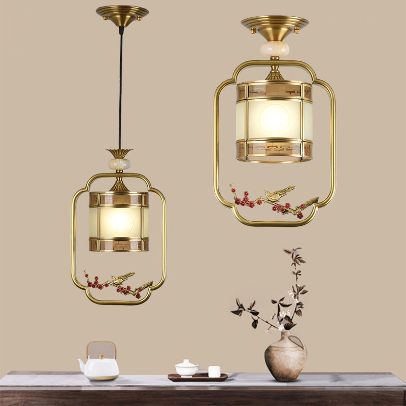 新中式全铜餐厅小吊灯单头玄关卧室床头柜走廊门厅过道半吸顶灯具