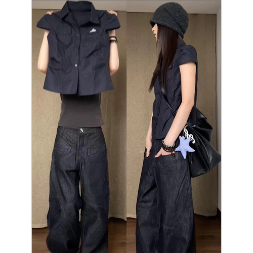 夏季韩版翻领短袖黑色显瘦衬衫女