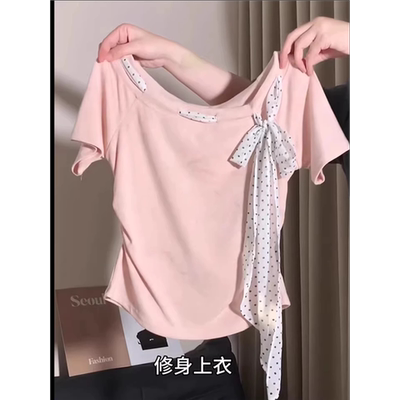 韩系甜辣粉色蝴蝶结短袖T恤