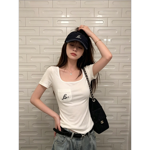 韩式白色方领短袖显瘦薄款T恤