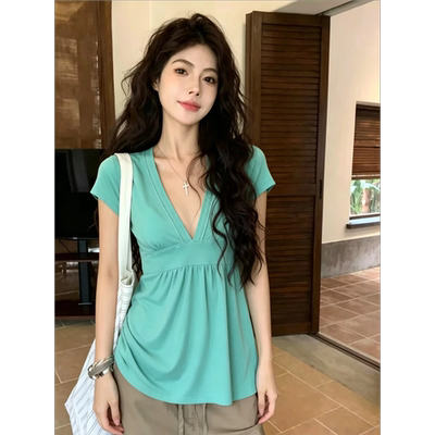 韩系甜辣妹V领荷叶边显瘦T恤