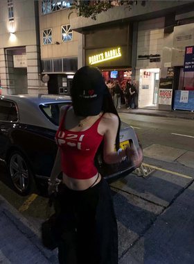 性感辣妹风字母印花红色吊带背心女夏季新款修身显瘦外穿休闲上衣