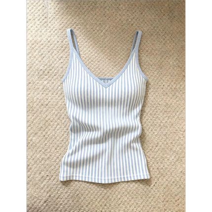 爆款推荐~专柜撤回条纹V领吊带女夏季新款修身显瘦外穿简约上衣潮