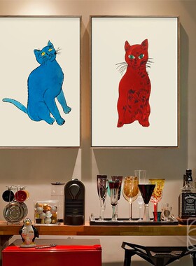安迪沃霍尔Andy Warhol 蓝红猫咪小众现代简约装饰画动物波普挂画