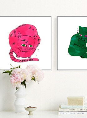 安迪沃霍尔Andy Warhol 粉绿猫咪北欧动物现代波普装饰画小众挂画