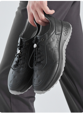 利家休闲牛皮系带鞋男春秋商务黑压花男士鞋子W4QXL30601 30602