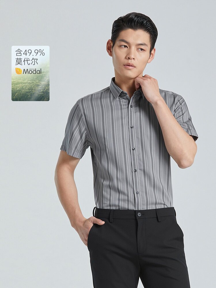 利家男装夏季商务正装短袖衬衫男翻领条纹莫代尔衬衣G4XZC0061Y图片