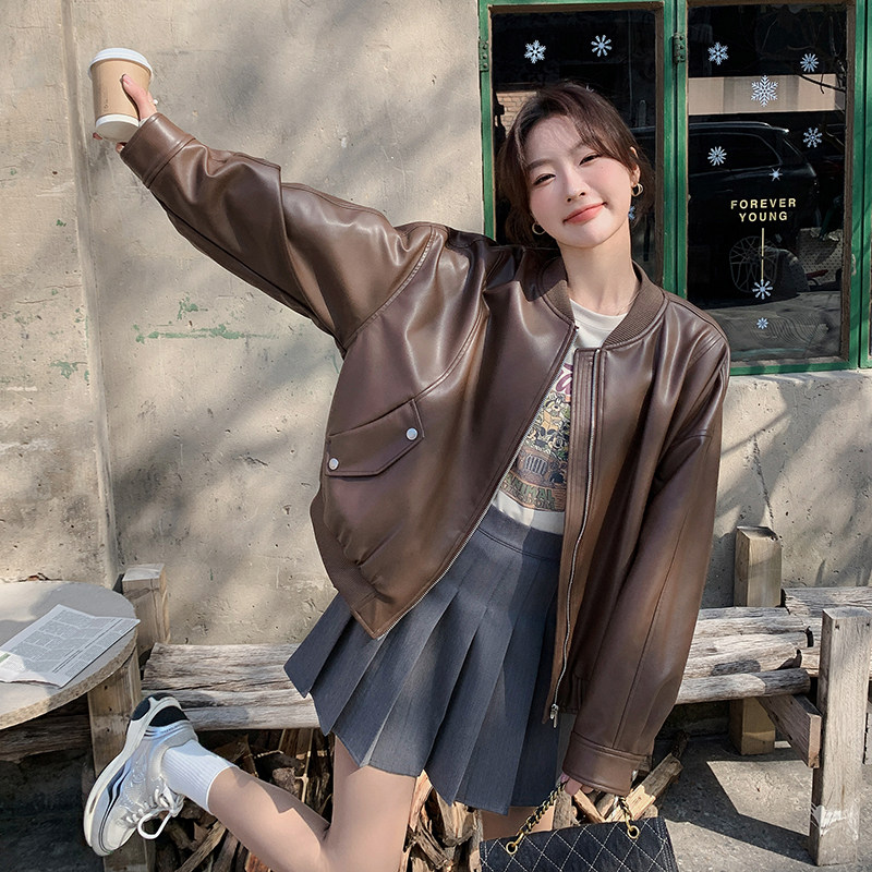 设计感炸街流行pu皮外套女2025春秋新款韩版港风复古显瘦夹克上衣,女装皮衣,浙宝289
