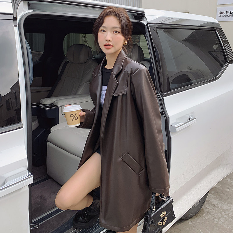 美拉德咖色皮衣外套女春秋2025年新款高级感复古气质中长pu皮西装图片