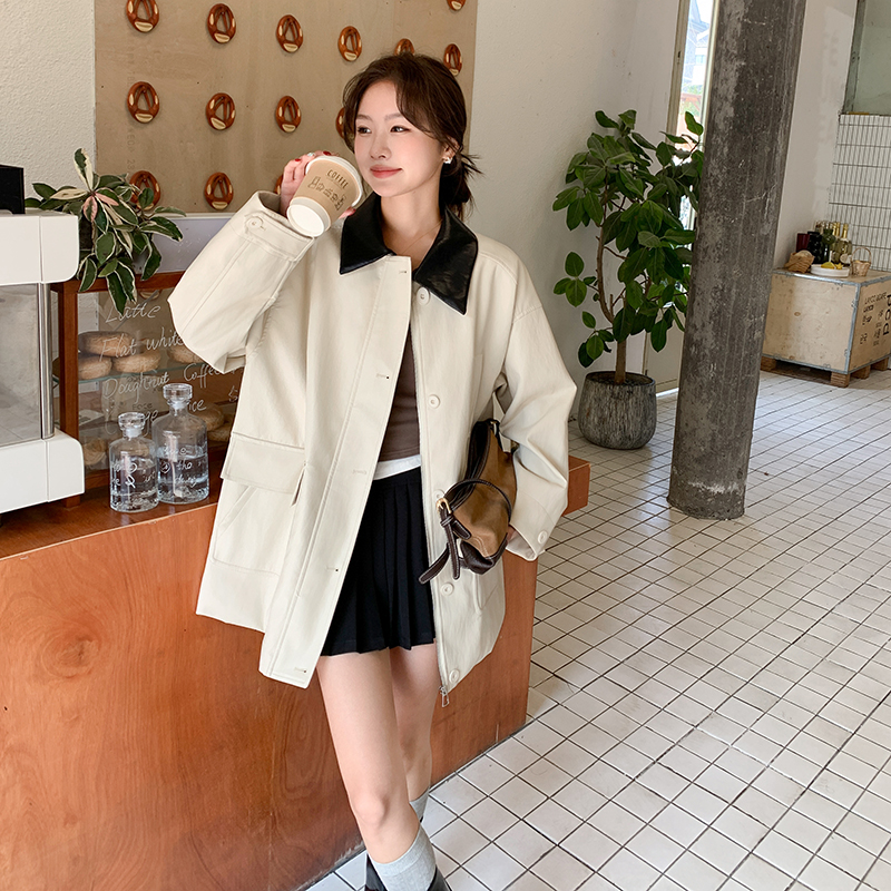 米白色休闲PU皮衣外套女2025春季新款韩系高级感洋气休闲夹克上衣，女装皮衣，浙宝289