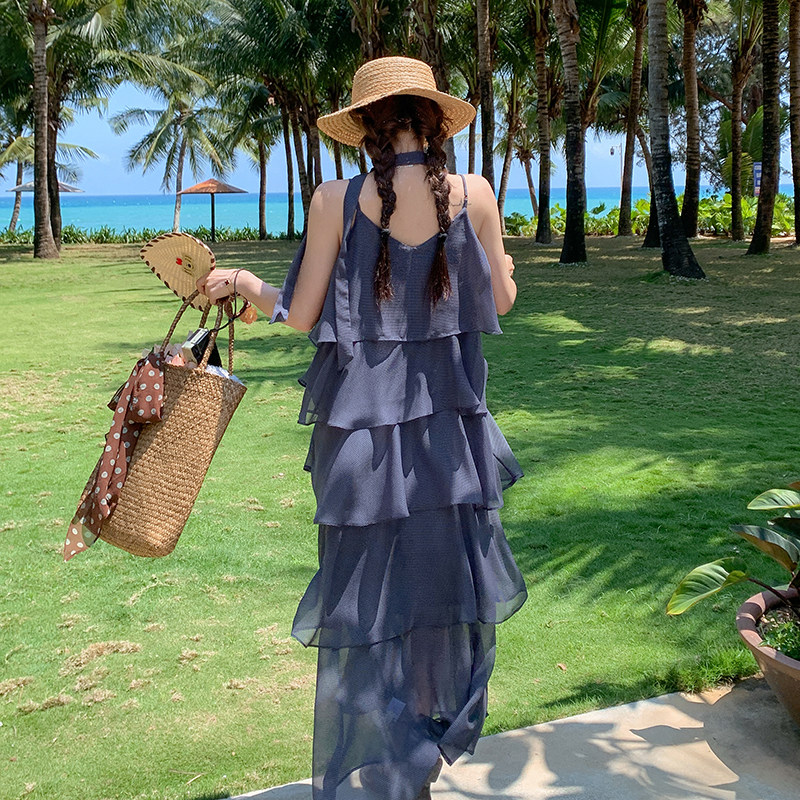 法式灰色清冷感薄纱连衣裙女夏2025新款轻熟绝美度假气质吊带长裙,女装连衣裙,浙宝289