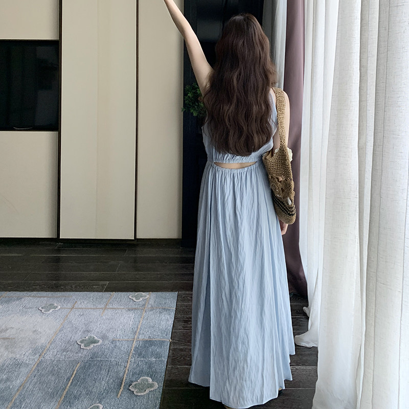 独特漂亮绝美蓝色无袖连衣裙女夏2025超火好看收腰背心长裙到脚踝,女装连衣裙,浙宝289
