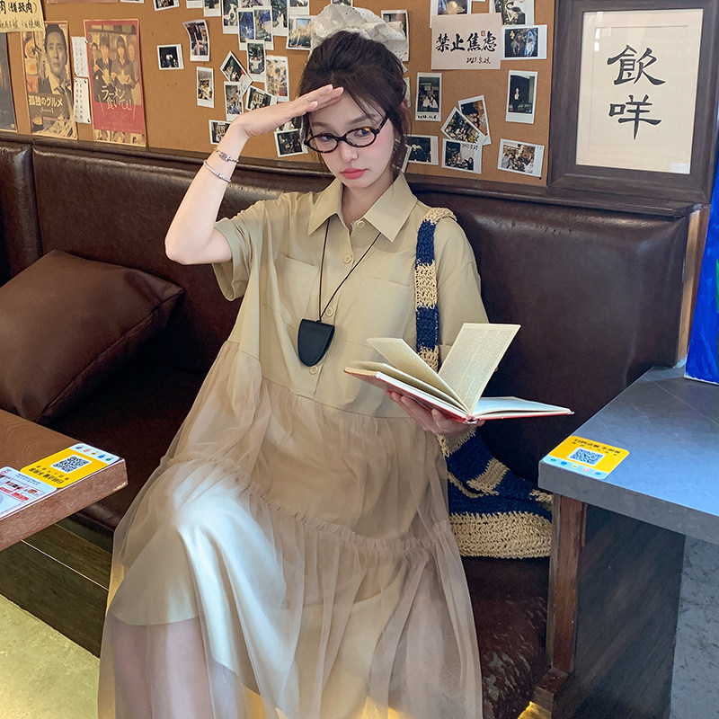 网纱拼接衬衫连衣裙女2025夏季新款韩系设计感宽松减龄慵懒风长裙,女装连衣裙,浙宝289
