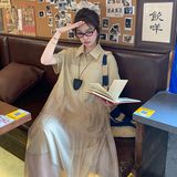 网纱拼接衬衫连衣裙女2025夏季新款韩系设计感宽松减龄慵懒风长裙，女装连衣裙，浙宝289