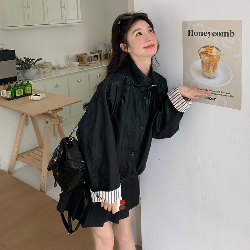 黑色PU皮衣外套女2025春季新款韩系复古设计感休闲小个子机车夹克,女装皮衣,浙宝289