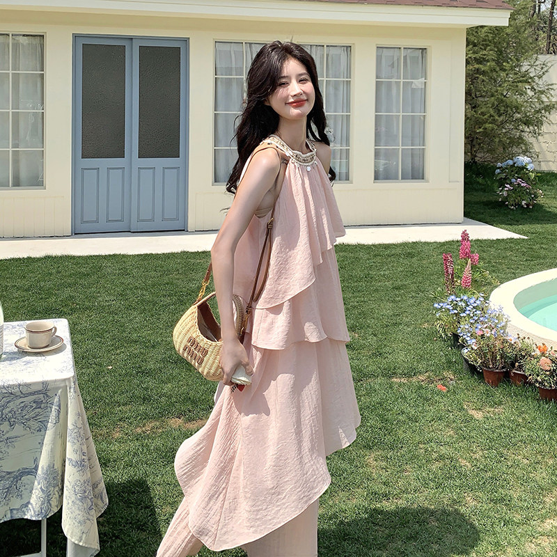 多巴胺粉色无袖挂脖连衣裙女夏2025慵懒松弛绝美度假蛋糕长裙及踝,女装连衣裙,浙宝289
