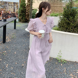 超仙仙女奶甜裙子温柔风紫色连衣裙女夏季泡泡袖茶歇长裙气质薄款，女装连衣裙，浙宝289