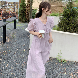 超仙仙女奶甜裙子温柔风紫色连衣裙女夏季泡泡袖茶歇长裙气质薄款图片