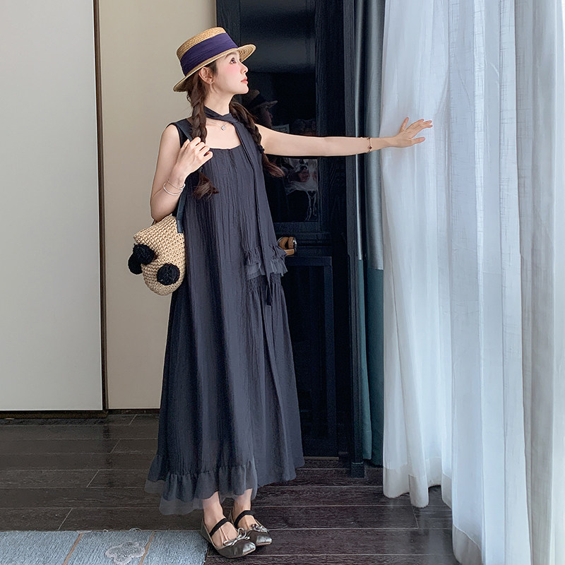 黑色方领无袖背心连衣裙女2025夏季新款飘带木耳边拼接高级感长裙,女装连衣裙,浙宝289