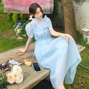 森系娃娃领仙女裙显瘦木耳边拼接设计可爱泡泡袖长裙2025夏季新款图片