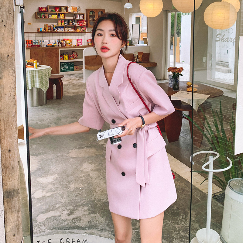 韩版粉色西装连衣裙女春夏2025年新款气质小众高级感设计收腰裙子,女装连衣裙,浙宝289