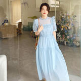 森系娃娃领仙女裙显瘦木耳边拼接设计可爱泡泡袖长裙2025夏季新款，女装连衣裙，浙宝289