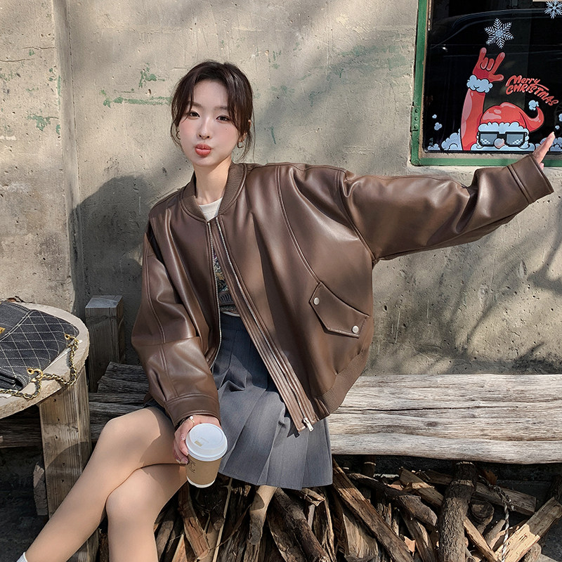 设计感炸街流行pu皮外套女2025春秋新款韩版港风复古显瘦夹克上衣图片