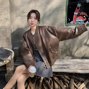 设计感炸街流行pu皮外套女2025春秋新款韩版港风复古显瘦夹克上衣图片