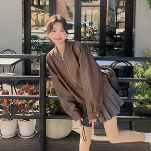设计感炸街流行pu皮外套女2025春秋新款韩版港风复古显瘦夹克上衣图片