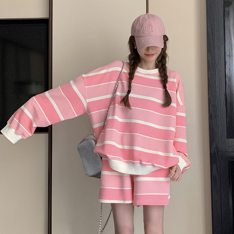 盐甜系穿搭条纹卫衣套装女2025春秋季新款小个子学院风休闲两件套图片