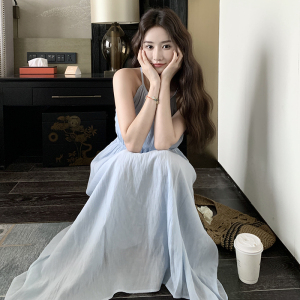 独特漂亮绝美蓝色无袖连衣裙女夏2025超火好看收腰背心长裙到脚踝图片