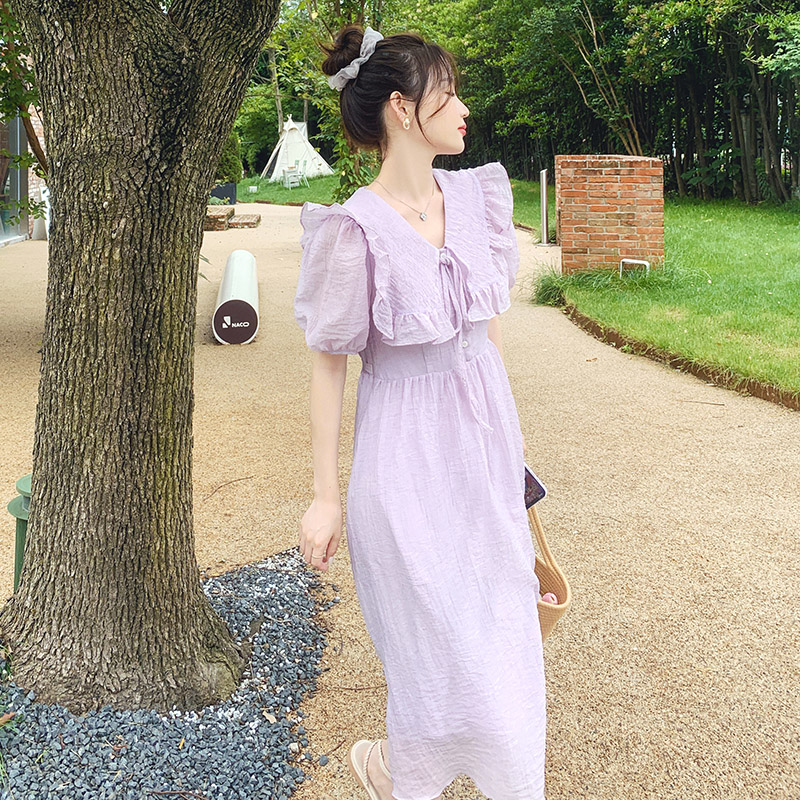 超仙仙女奶甜裙子温柔风紫色连衣裙女夏季泡泡袖茶歇长裙气质薄款,女装连衣裙,浙宝289