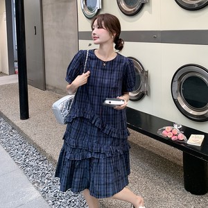 复古气质通勤风格子连衣裙夏季2025法式新款慵懒木耳边淡人连衣裙图片