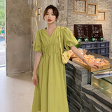 茶歇法式薄荷绿色v领泡泡袖连衣裙女夏2025新款宽松休闲小众长裙，女装连衣裙，浙宝289