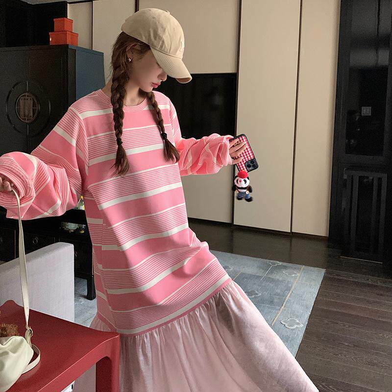粉色条纹长袖卫衣连衣裙女2025春季新款设计感宽松鱼尾拼接长裙潮,女装连衣裙,浙宝289