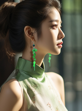 新中式手工耳环女小众设计高级绿色平安扣流苏长款气质复古风耳坠