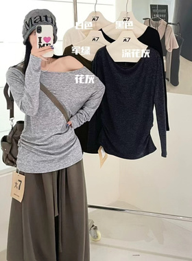大7女装78210秋季新款韩版宽松大码胖mm休闲斜肩长袖螺纹T恤上衣