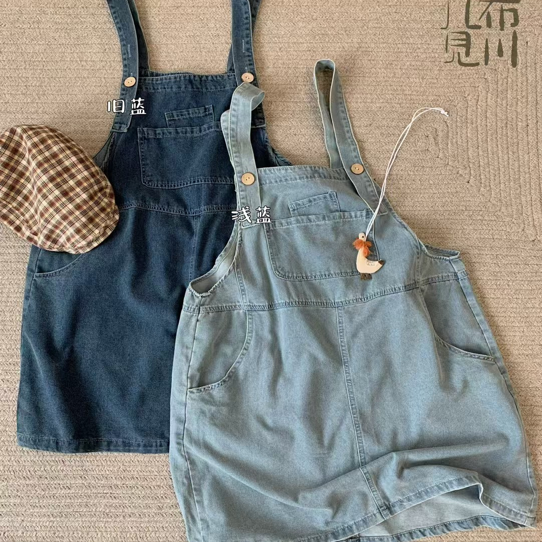 胖mm休闲减龄复古牛仔背带连衣裙