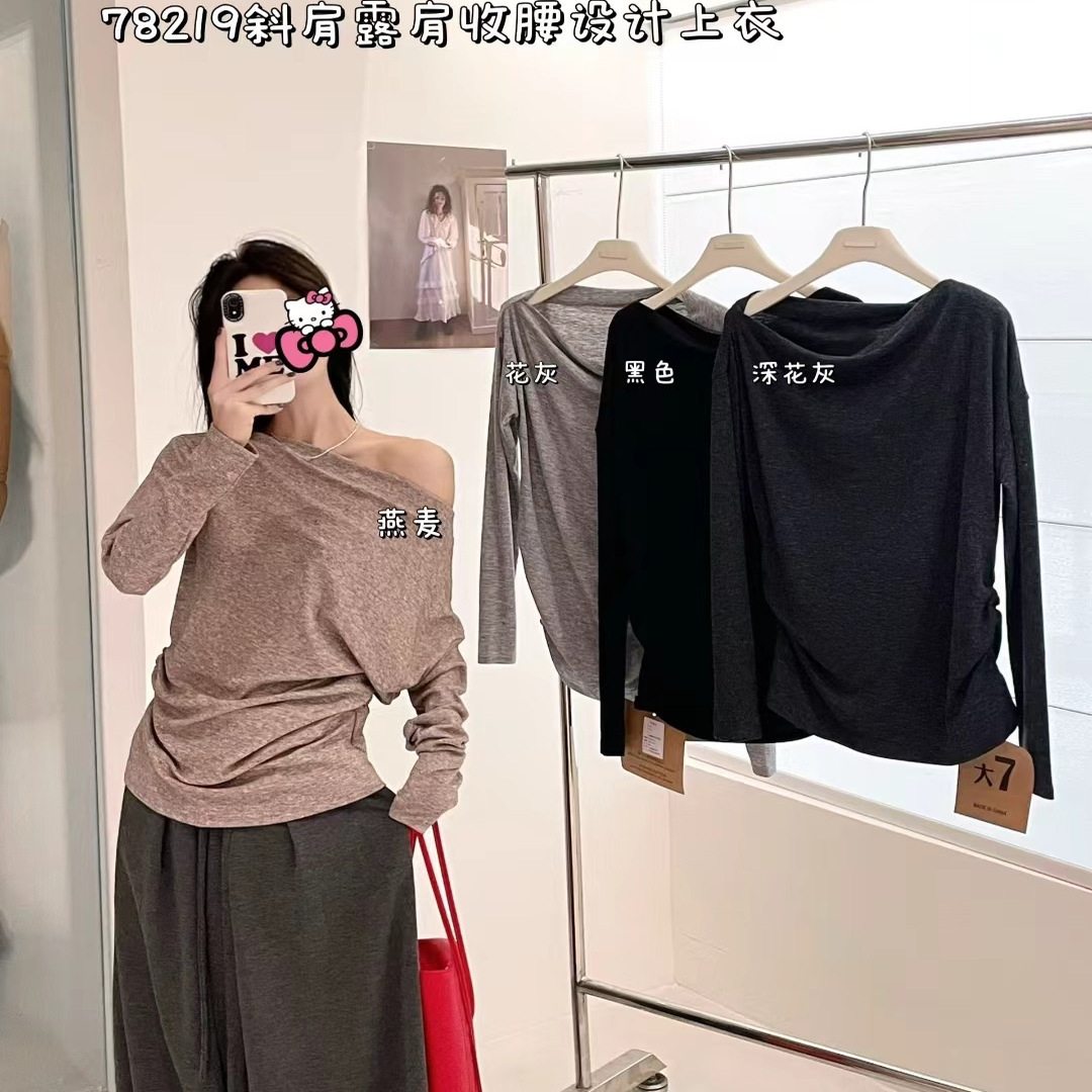 大码胖斜肩收腰设计休闲慵懒T恤