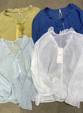 九石263380夏季韩版宽松大码胖mm休闲慵懒风花边V领长袖防晒衬衫