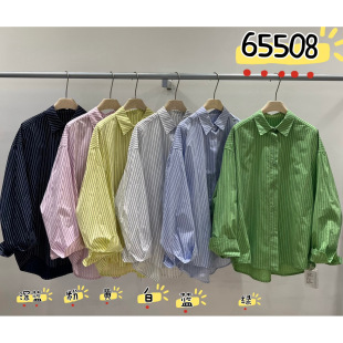 衬衫 WE女65508春季 胖mm慵懒休闲风复古竖条翻领长袖 宽松大码 韩版