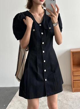 Seven Nine柒时玖夏法式V领设计感露背镂空小个子显瘦工装连衣裙