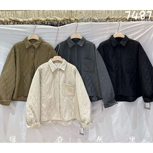 胖mm慵懒翻领菱格纽扣长袖棉外套