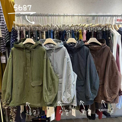 慵懒休闲风格子抽绳连帽卫衣棉服