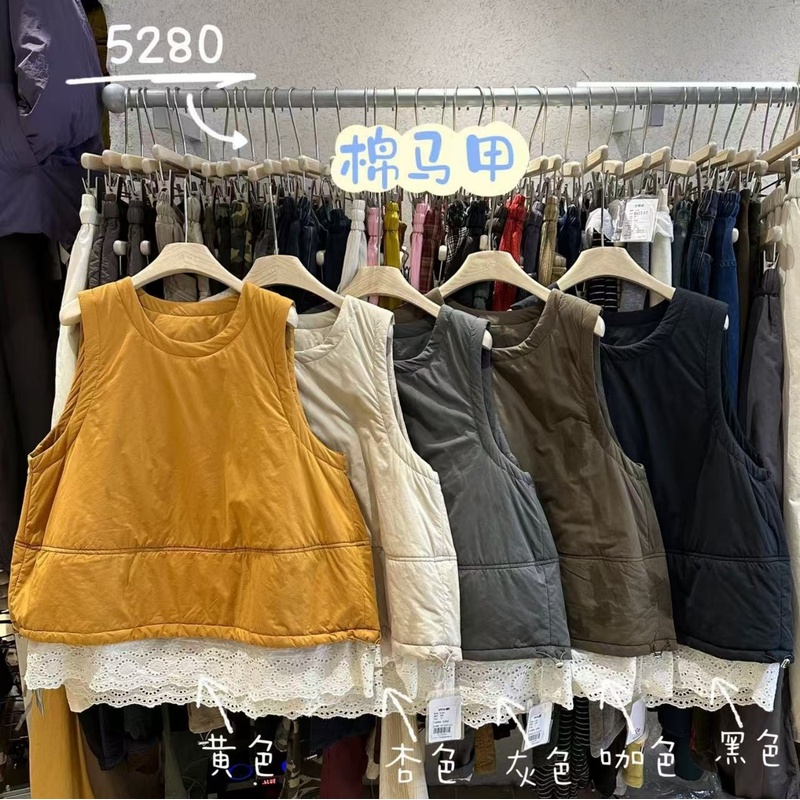 胖mm慵懒休闲圆领花边套头棉马甲