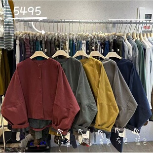 WE女5495秋冬韩版 胖mm慵懒休闲风圆领前短后长设计感外套 宽松大码