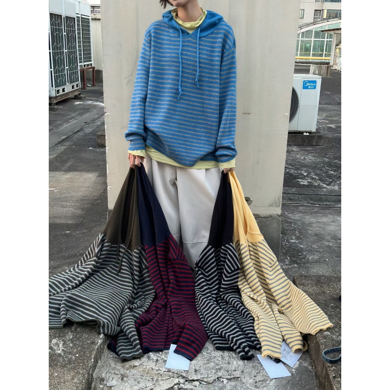 胖mm慵懒休闲风连帽条纹针织毛衣