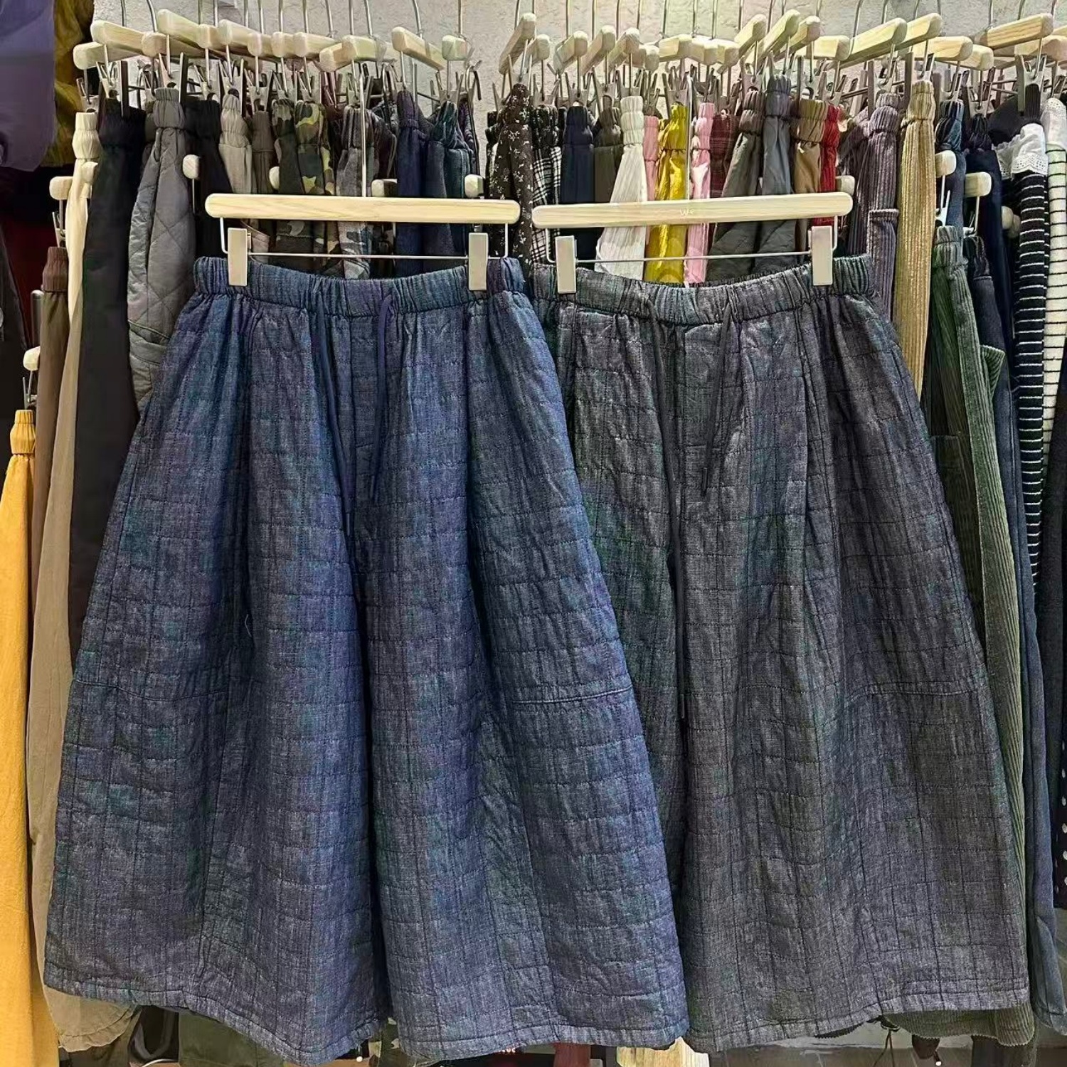 胖mm松弛风抽绳菱格阔腿七分棉裤