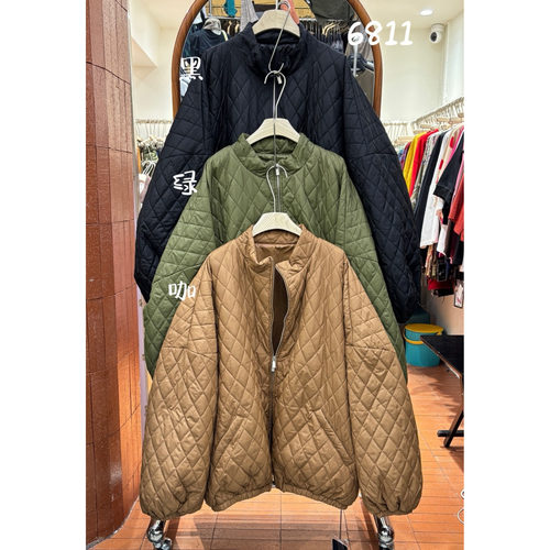 胖mm慵懒风休闲立领菱格棉服外套