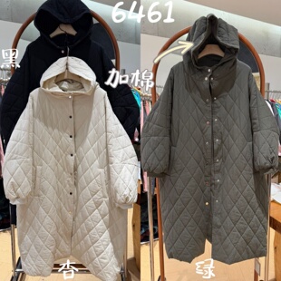 We女装6461冬季韩版宽松大码胖mm慵懒休闲连帽菱格中长款棉服外套